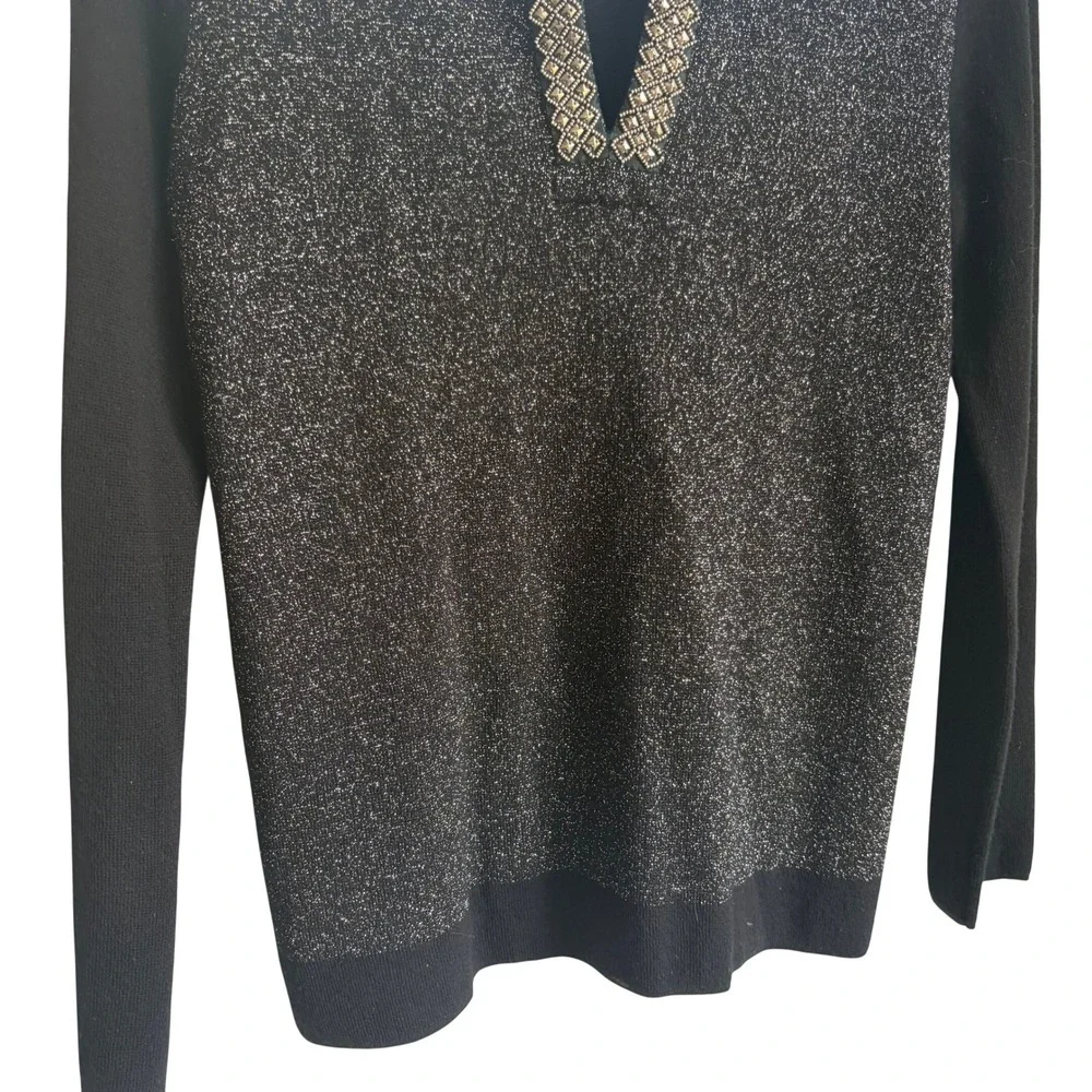 Tory Burch Merino Wool Split Neck Sweater Small Metallic Black Silver Shimmer